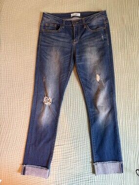Denim Arts Co. Blue Distressed Skinny Jeans with Rolled Cuffs Size 9/29